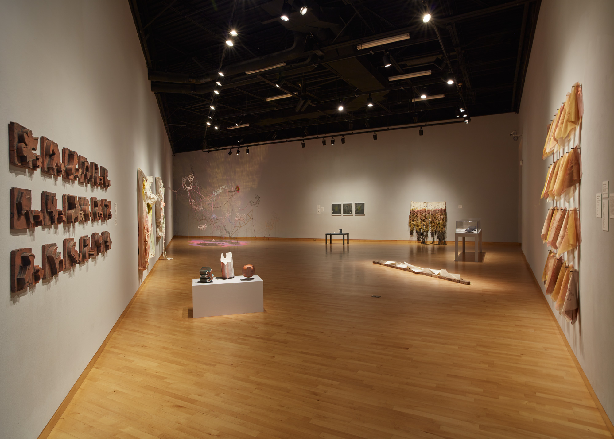 Installation view of Skyway 20/21 exhibition at USF Contemporary Art Museum. Left to right: works by Kodi Thompson, Cynthia Mason, Casey McDonough, Ry McCollough, Cynthia Mason, and Rosemarie Chiarlone. Photo: Will Lytch.