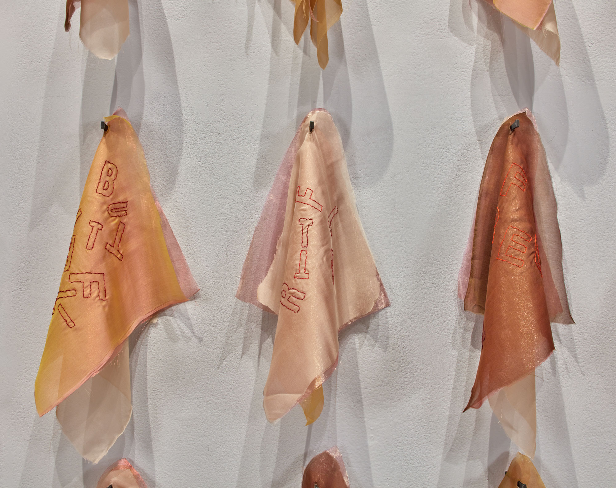 Rosemarie Chiarlone, Consequence (detail), 2019. embroidered silk organza sewn to silk chiffon leaves, masonry nails. text by poet Susan Weiner. 14 x 14 in., each of 28 fabric pieces; 112 x 90 x 7 in. as installed. Courtesy of the artist and Priscilla Juvelis Rare Books. Installation view of Skyway 20/21 exhibition at USF Contemporary Art Museum. Photo: Will Lytch.