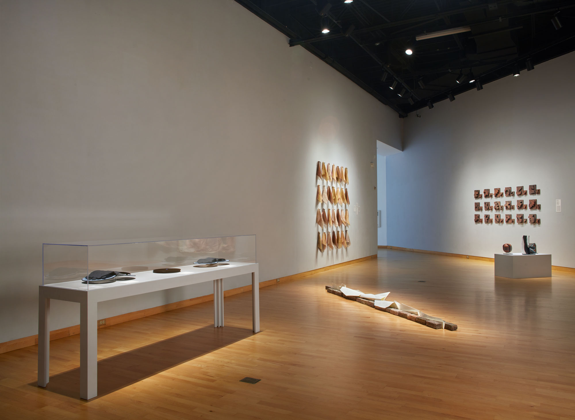 Installation view of Skyway 20/21 exhibition at USF Contemporary Art Museum. Left to right: works by Rosemarie Chiarlone and Kodi Thompson. Photo: Will Lytch.
