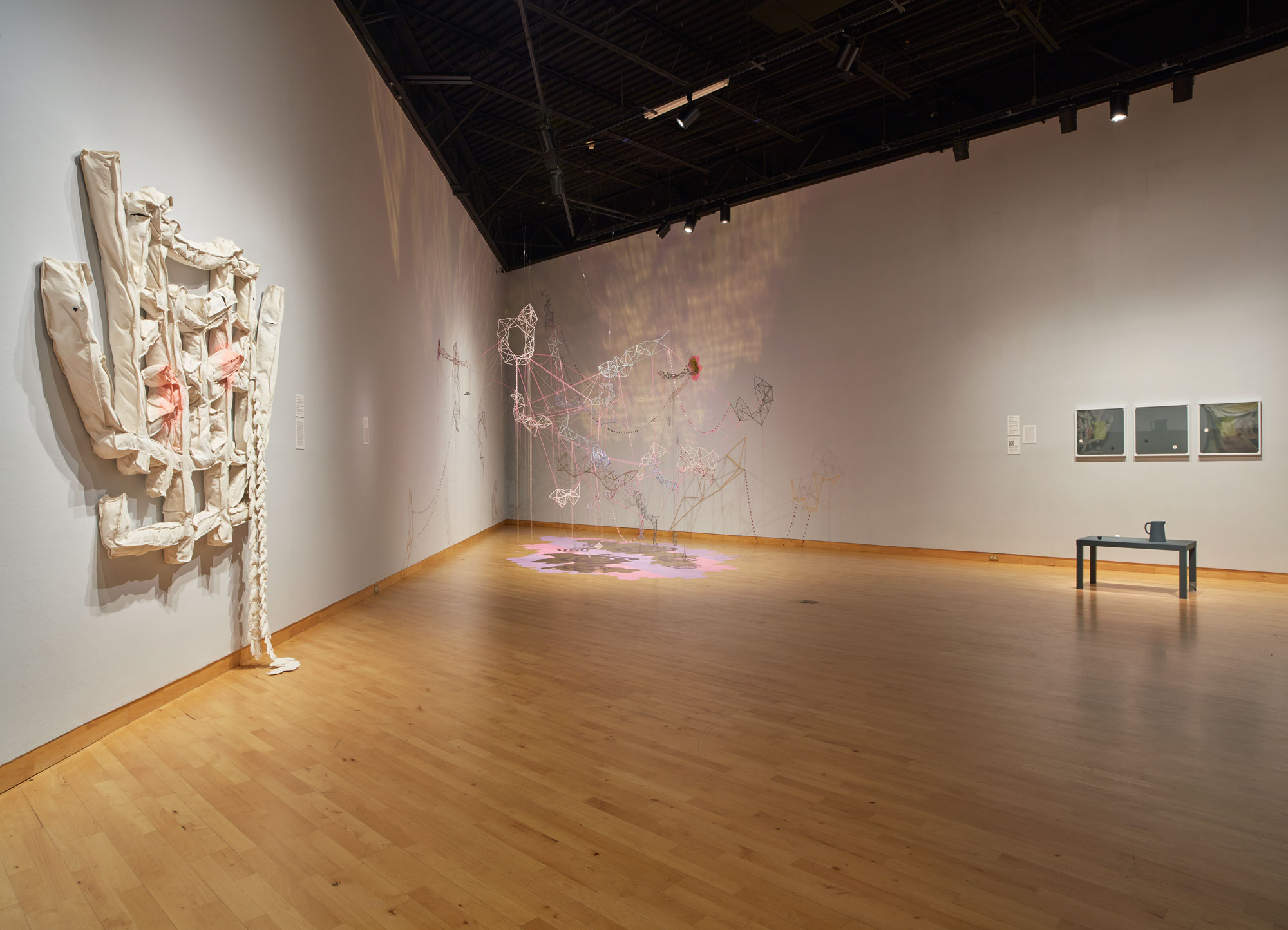Installation view of Skyway 20/21 exhibition at USF Contemporary Art Museum. Left to right: works by Cynthia Mason, Casey McDonough, and Ry McCollough. Photo: Will Lytch.