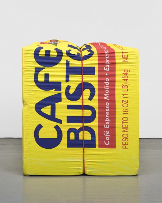 Lucia Hierro (b. 1987, New York, NY), 10oz. Cafe Bustelo, 2022.
foam, digital print on cotton sateen, rubber band. 53 x 43 x 25 inches.
Courtesy of the artist and Charlie James Gallery, Los Angeles.

