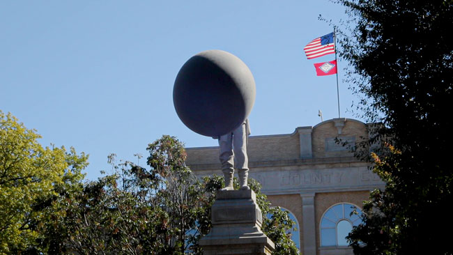 Ariel René Jackson, Bentonville Forecast: In the Square, 2019. STILL. 6:00 min. video; weather balloon, confederate statue, testimonials provided by Sharon Killian, Rachel Lynett, Sheree Miller, and Tonya Jackson. Filmed in Bentonville, AR at Momentary Residency Courtesy of the artist 