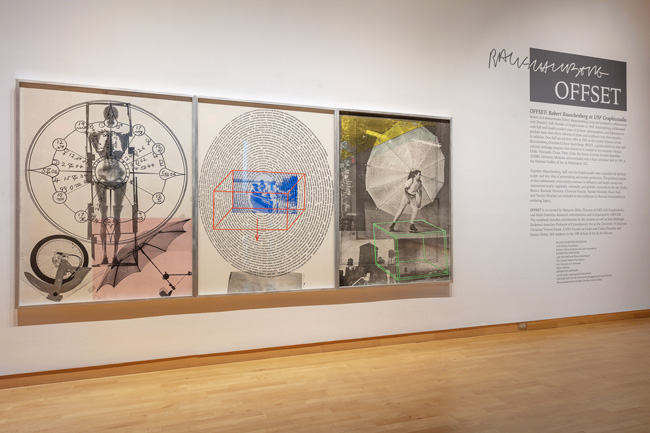 Installation view of OFFSET: Robert Rauschenberg at USF Graphicstudio at USF Contemporary Art Museum. Photo: Andres Ramirez.