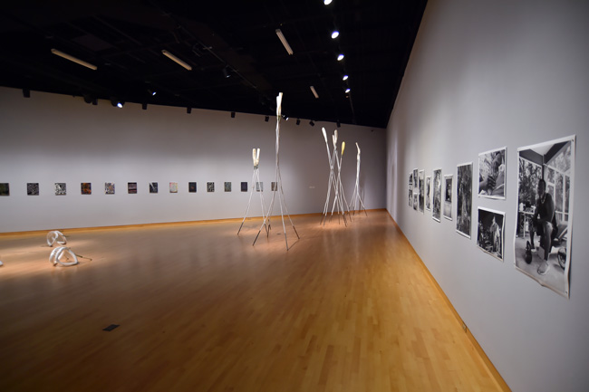 Installation view of I Keep The Ladders Clean: 2024 MFA Thesis exhibition at USF Contemporary Art Museum. Photo: Don Fuller.