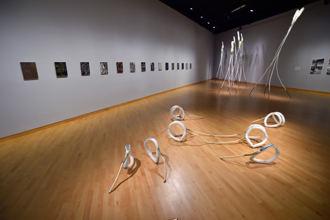 Installation view of I Keep The Ladders Clean: 2024 MFA Thesis exhibition at USF Contemporary Art Museum. Photo: Don Fuller.